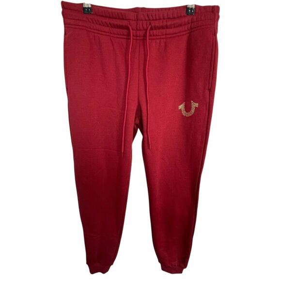 NWT True Religion Red Fleece Joggers With Gold Studded Horseshoe - Picture 1 of 7